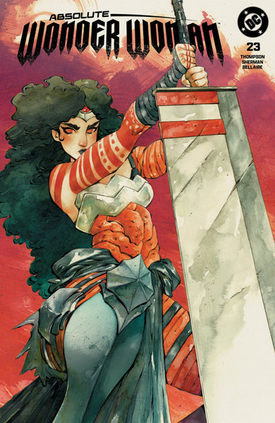 Comic book cover for Absolute Wonder Woman #23, featuring an illustrated Wonder Woman holding a large sword against a red and pink sky background. The DC logo is visible in the top right corner.