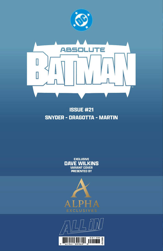 Back cover of Absolute Batman #21 Dave Wilkins HeroesCon Exclusive Close-Up Virgin Variant, DC Comics pre-order edition.