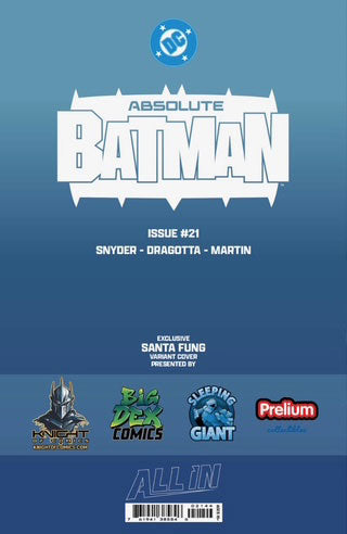 Back cover of Absolute Batman #21 SANTA FUNG Exclusive Trade Dress comic book variant.