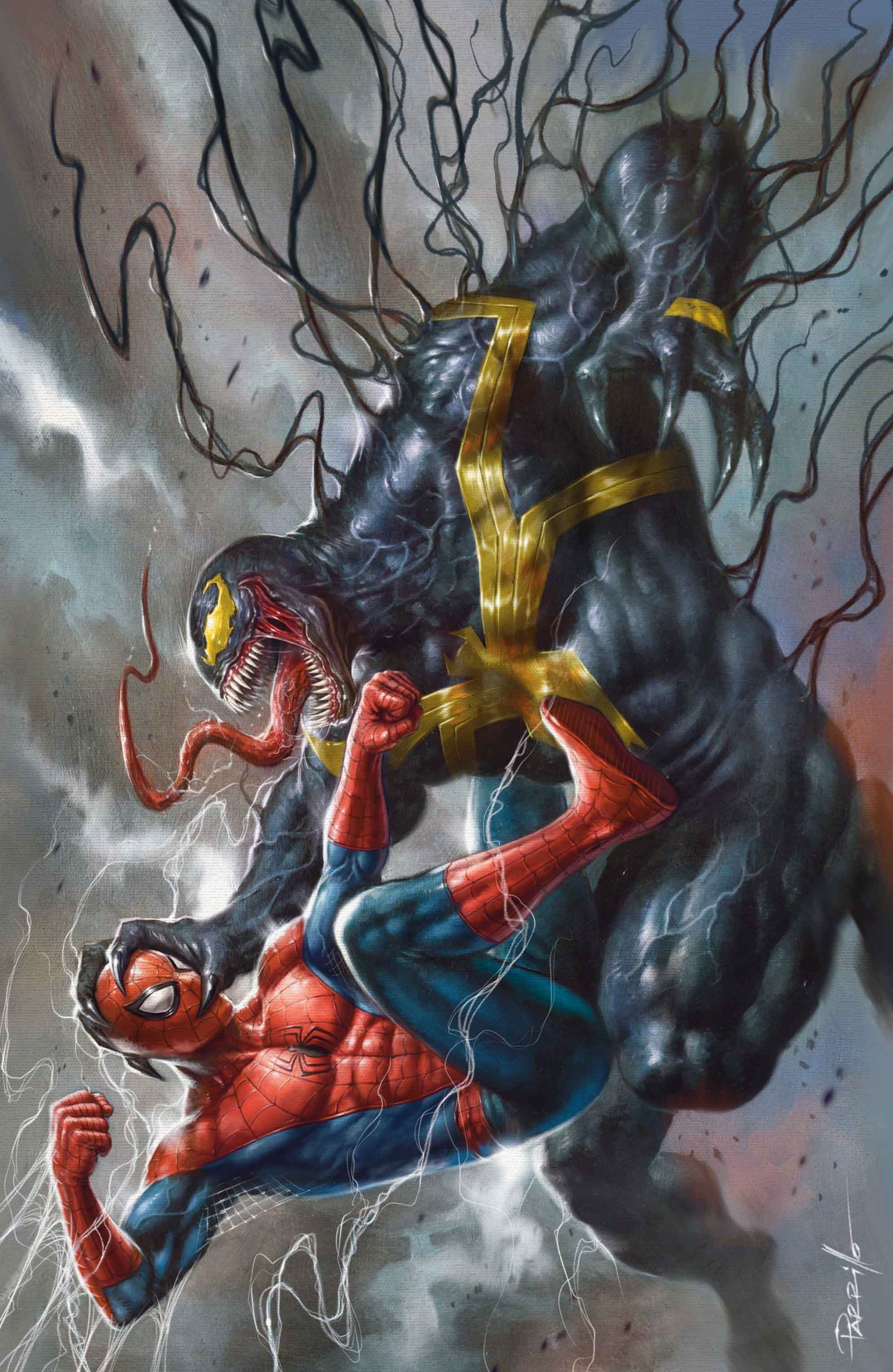 Superhero and villain in a dynamic pose with a stormy background