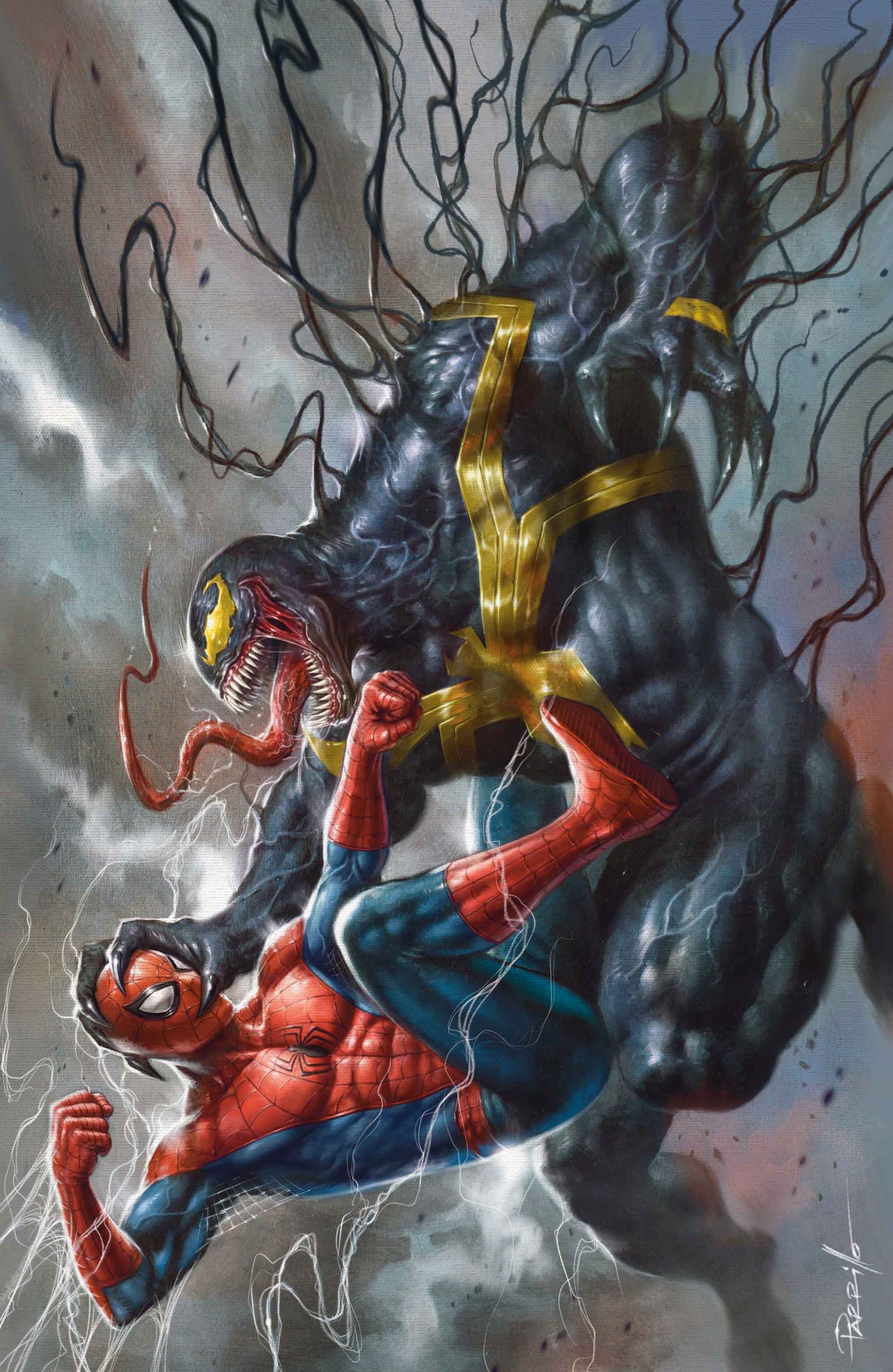 Superhero and villain in a dynamic pose with a stormy background