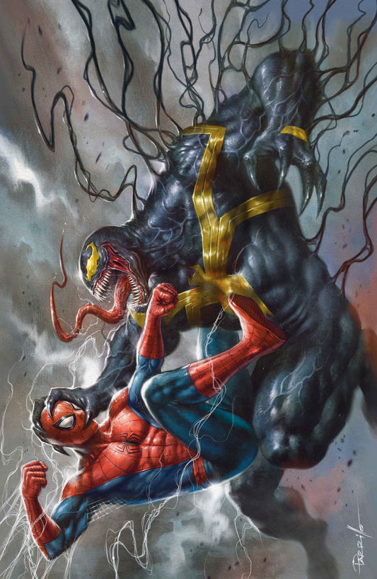 Superhero and villain in a dynamic pose with a stormy background