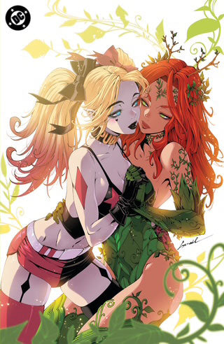 Two animated characters embracing with a floral background