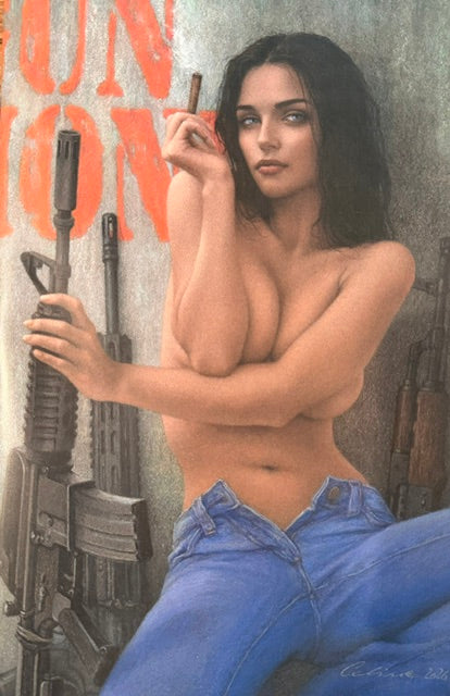 A stylized artwork depicting a nude woman with dark hair, wearing blue jeans, seated against a textured wall with orange graffiti and rifles behind her.