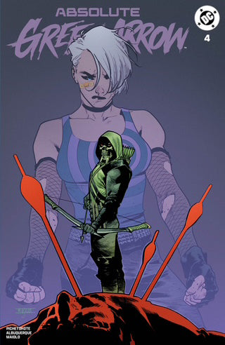 Comic book cover for Absolute Green Arrow #4 featuring a large pale woman in the background and a green-robed archer standing in front with arrows on a purple field.