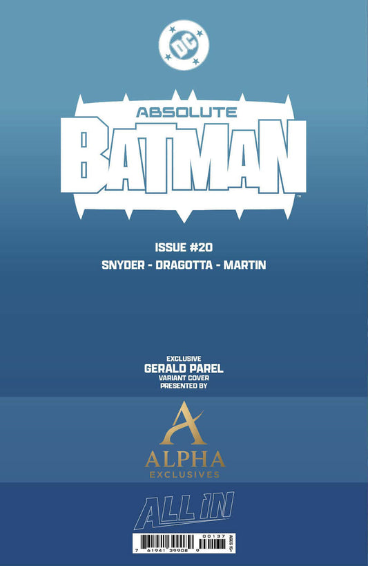 Full cover view of Absolute Batman #20 GERALD PAREL Exclusive Virgin Variant showcasing the complete cover artwork by GERALD PAREL