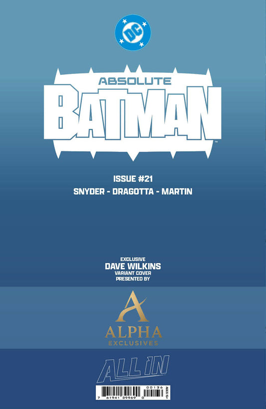 Back cover of Absolute Batman #21 Dave Wilkins HeroesCon Exclusive Close-Up Foil Variant, DC Comics pre-order edition.