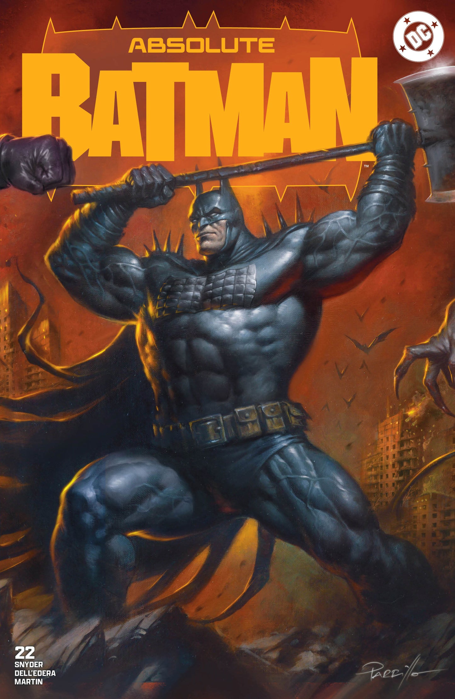 Absolute Batman #22 SDCC Exclusive by Lucio Parrillo featuring available Trade, Virgin, Foil, and Trade, Virgin & Foil Set of 3 editions.