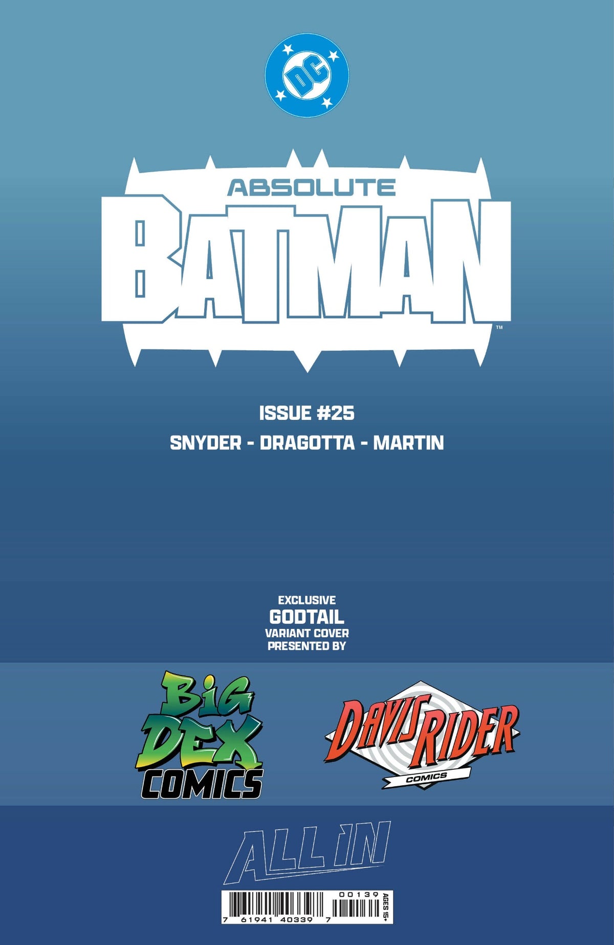 Absolute Batman #25 GODTAIL Trade Dress back cover, Big Dex Comics and Davis Rider Comics