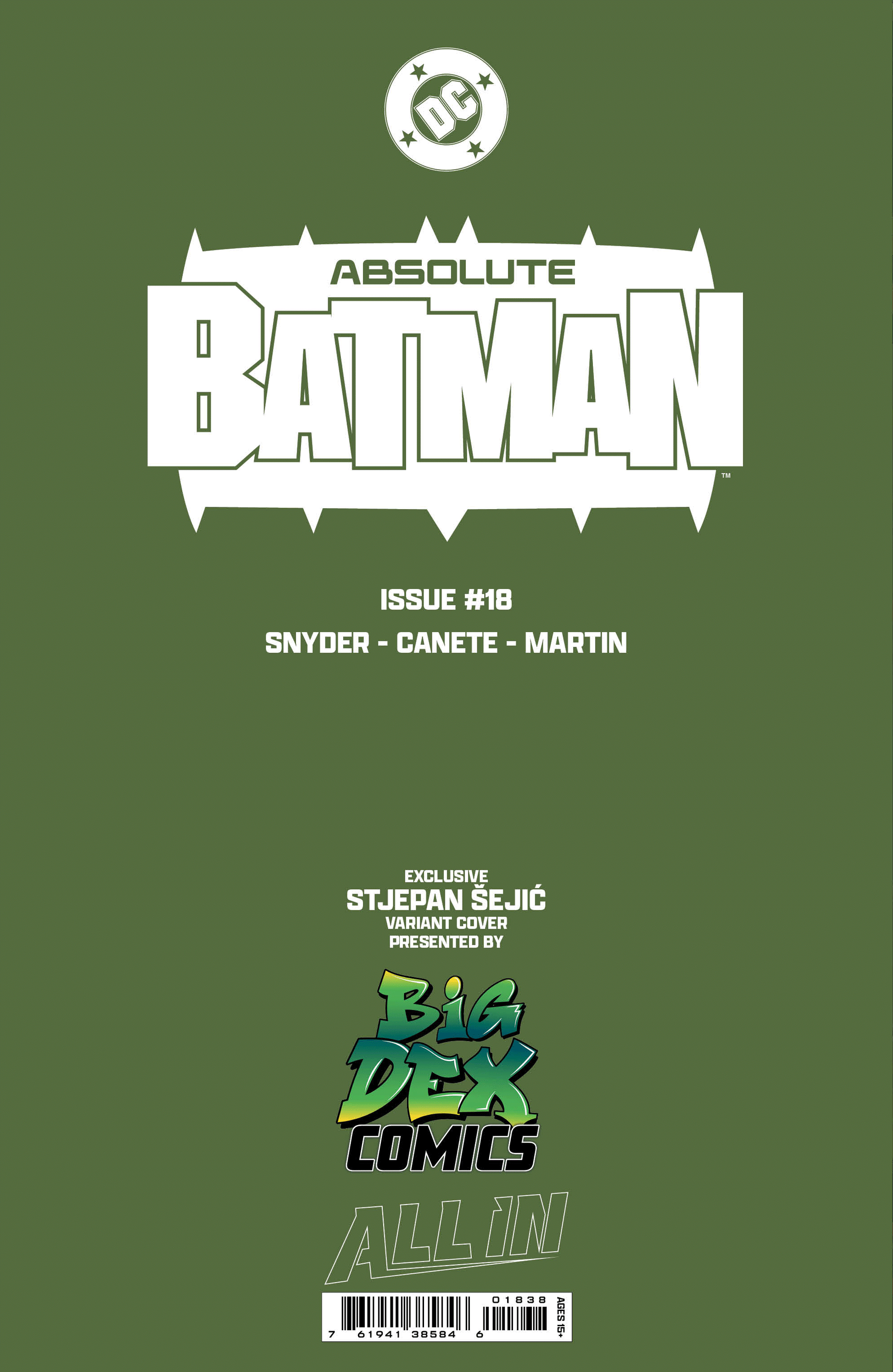 Absolute Batman #18 Big Dex Comics Exclusive Stjepan Sejic Trade Dress Back Cover DC Comic