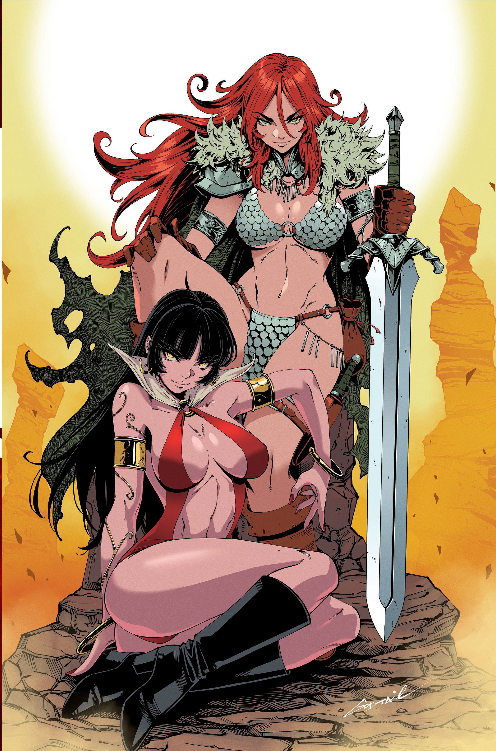 Vampirella vs. Red Sonja: Red City #1 GODTAIL Yellow Virgin Variant comic book cover